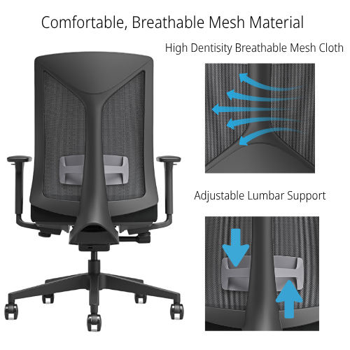 Rear view of a black-framed ergonomic office chair with black breathable mesh backrest. Insets highlight the high-density mesh cloth and adjustable lumbar support, with blue arrows indicating airflow and adjustability. Text describes comfort & breathabili